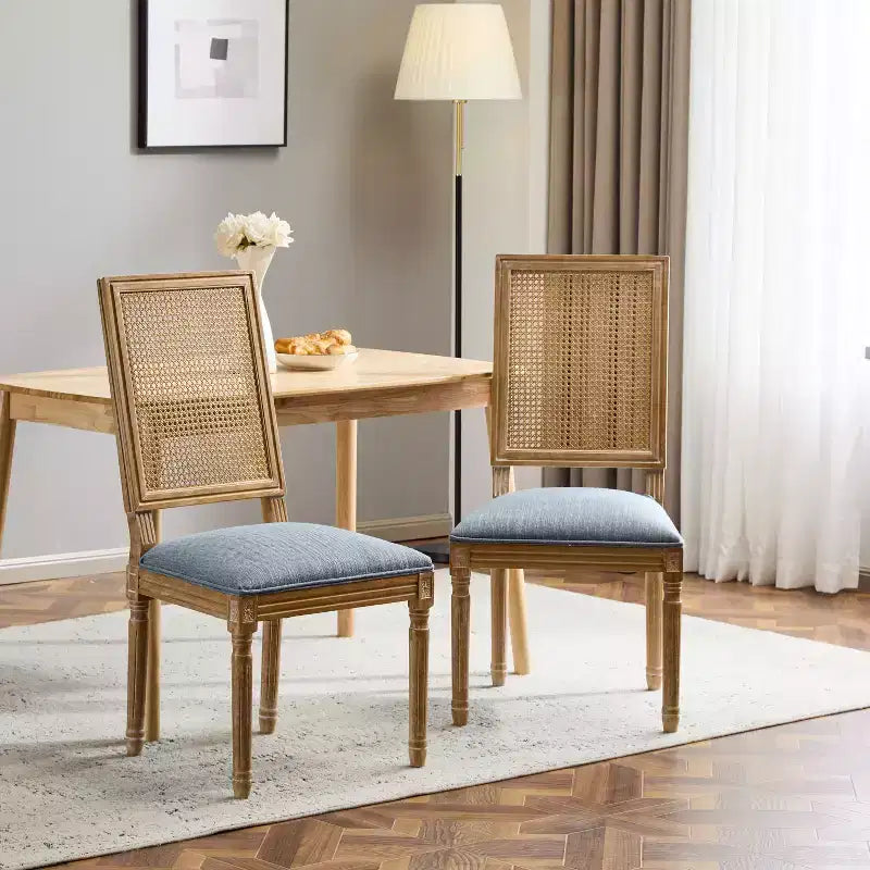 Chaises de salle à manger capitonnées Okak Vintage Style Campagne Française avec dossier en rotin, Lot de 2 chaises de cuisine rustiques patinées, Chaises de salon