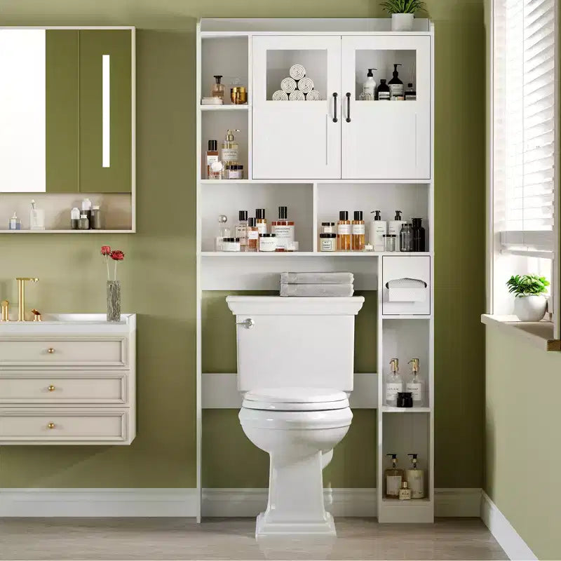 Meuble de rangement WC au-dessus des toilettes avec étagères réglables, organisateur de salle de bain moderne avec porte en verre trempé et étagères ouvertes