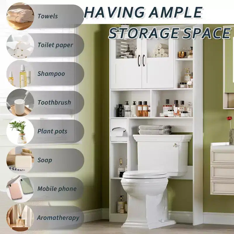 Meuble de rangement WC au-dessus des toilettes avec étagères réglables, organisateur de salle de bain moderne avec porte en verre trempé et étagères ouvertes