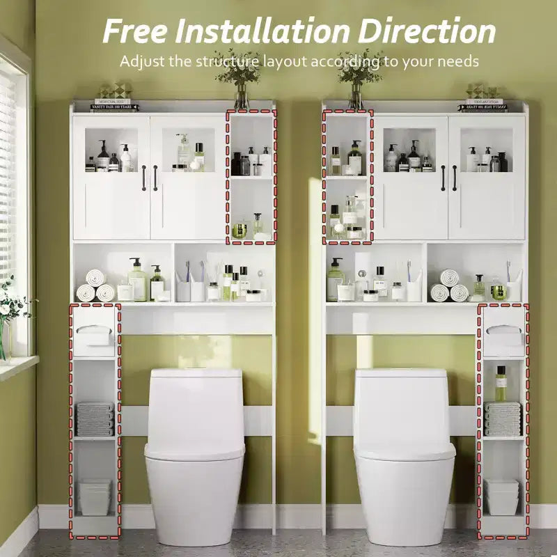 Meuble de rangement WC au-dessus des toilettes avec étagères réglables, organisateur de salle de bain moderne avec porte en verre trempé et étagères ouvertes