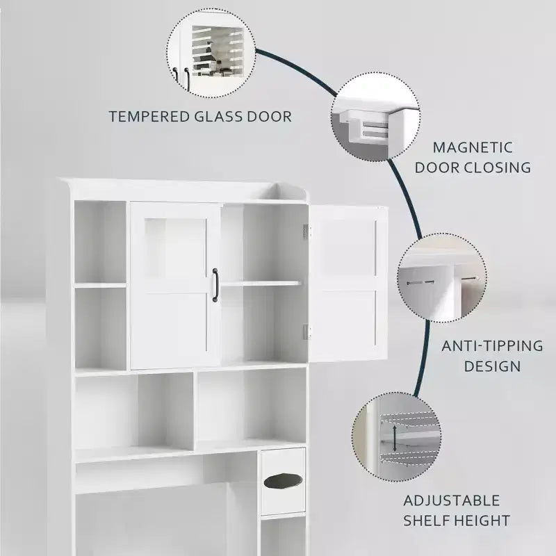 Meuble de rangement WC au-dessus des toilettes avec étagères réglables, organisateur de salle de bain moderne avec porte en verre trempé et étagères ouvertes