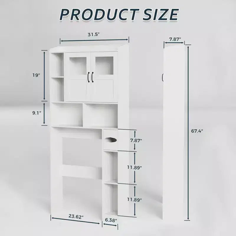 Meuble de rangement WC au-dessus des toilettes avec étagères réglables, organisateur de salle de bain moderne avec porte en verre trempé et étagères ouvertes
