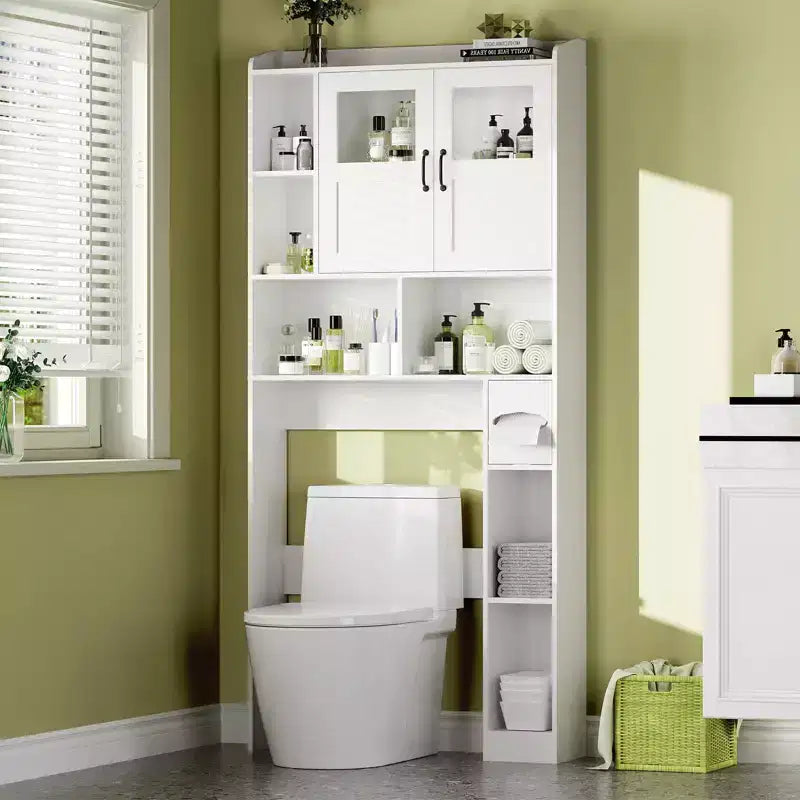 Meuble de rangement WC au-dessus des toilettes avec étagères réglables, organisateur de salle de bain moderne avec porte en verre trempé et étagères ouvertes