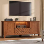 Meuble TV rétro en V avec éclairage LED, adapté aux salons, chambres et centres de divertissement. Comprend deux portes de rangement et un tiroir.