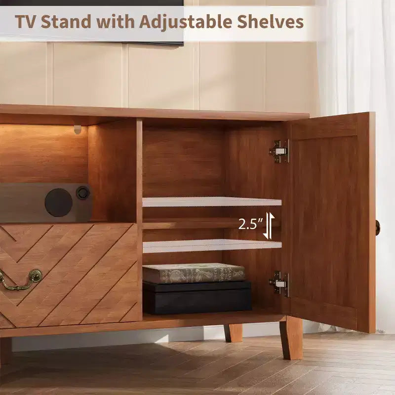 Meuble TV rétro en V avec éclairage LED, adapté aux salons, chambres et centres de divertissement. Comprend deux portes de rangement et un tiroir.