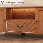 Meuble TV rétro en V avec éclairage LED, adapté aux salons, chambres et centres de divertissement. Comprend deux portes de rangement et un tiroir.