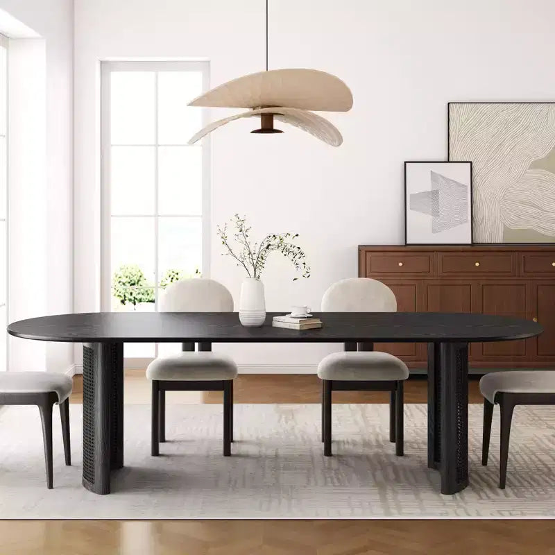 Table à manger ovale PexFix 79 pour 6 à 8 personnes avec plateau à bord incurvé et base tissée en rotin, table de cuisine moderne de style ferme pour salon et salle à manger, noir