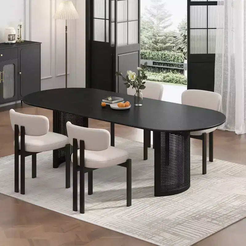 Table à manger ovale PexFix 79 pour 6 à 8 personnes avec plateau à bord incurvé et base tissée en rotin, table de cuisine moderne de style ferme pour salon et salle à manger, noir