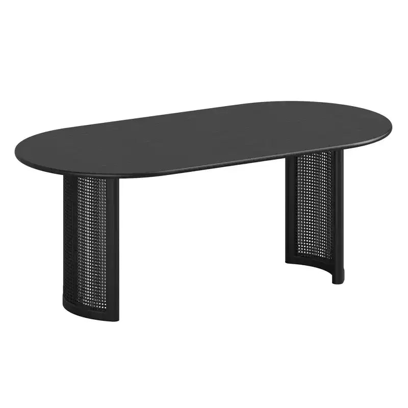 Table à manger ovale PexFix 79 pour 6 à 8 personnes avec plateau à bord incurvé et base tissée en rotin, table de cuisine moderne de style ferme pour salon et salle à manger, noir