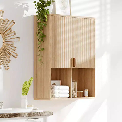 Acekool Fluted Bathroom Wall Cabinet 23x29 Over Toilet Organizer, Adjustable Shelf, Quiet Hinges, Modern Medicine Cabinet, Natural Wood Look