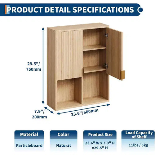 Acekool Armoire Murale de Salle de Bain Canelée 23x29, Meuble de Rangement au-dessus des Toilettes, Étagère Réglable, Charnières Silencieuses, Armoire à Pharmacie Moderne, Aspect Bois Naturel
