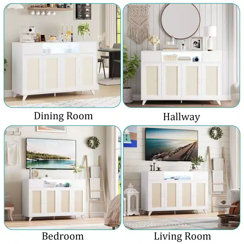 COZONY Buffet avec 2 tiroirs en rotin, Bahut de rangement de style bohème avec cadre en bois pour salon, salle à manger, couloir
