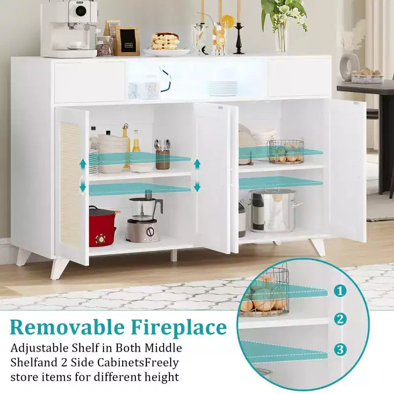 COZONY Buffet avec 2 tiroirs en rotin, Bahut de rangement de style bohème avec cadre en bois pour salon, salle à manger, couloir