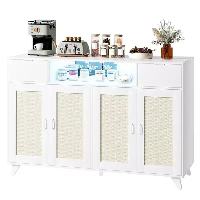 COZONY Buffet avec 2 tiroirs en rotin, Bahut de rangement de style bohème avec cadre en bois pour salon, salle à manger, couloir