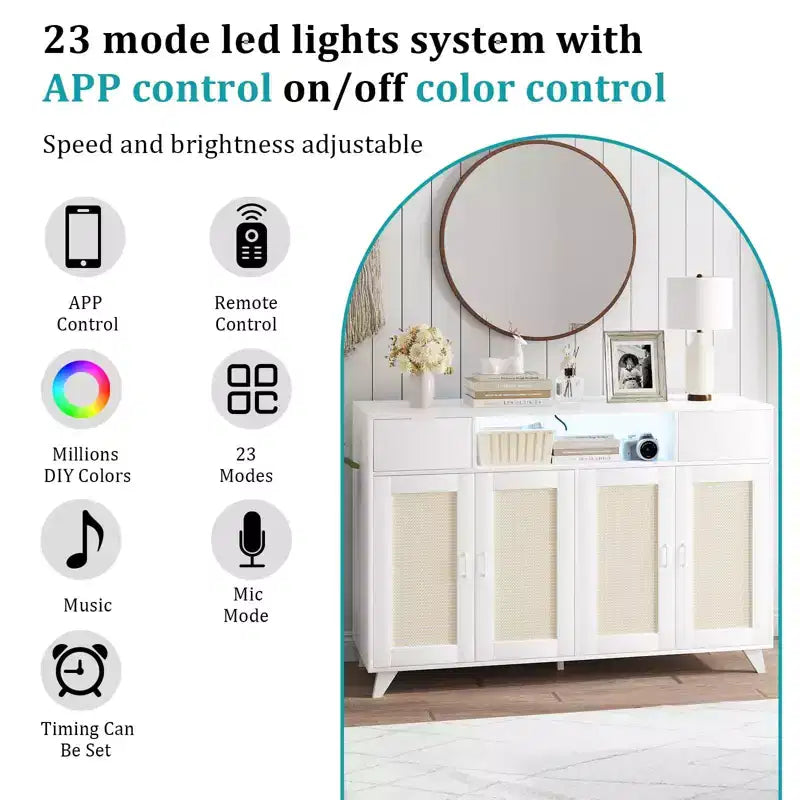 COZONY Buffet avec 2 tiroirs en rotin, Bahut de rangement de style bohème avec cadre en bois pour salon, salle à manger, couloir