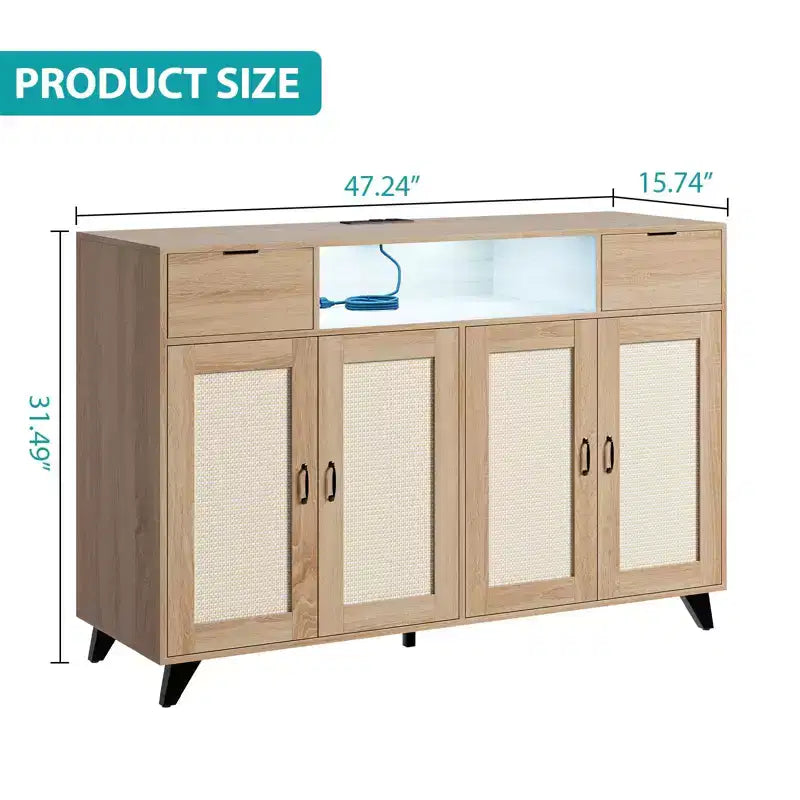 COZONY Buffet avec 2 tiroirs en rotin, Bahut de rangement de style bohème avec cadre en bois pour salon, salle à manger, couloir