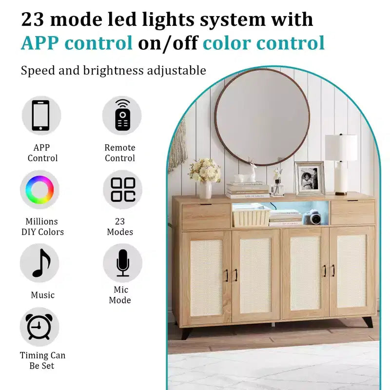 COZONY Buffet avec 2 tiroirs en rotin, Bahut de rangement de style bohème avec cadre en bois pour salon, salle à manger, couloir
