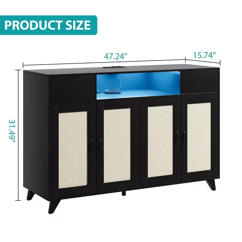 COZONY Buffet avec 2 tiroirs en rotin, Bahut de rangement de style bohème avec cadre en bois pour salon, salle à manger, couloir