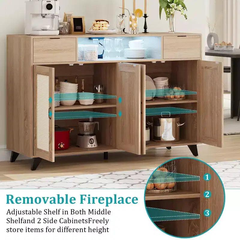 COZONY Buffet avec 2 tiroirs en rotin, Bahut de rangement de style bohème avec cadre en bois pour salon, salle à manger, couloir