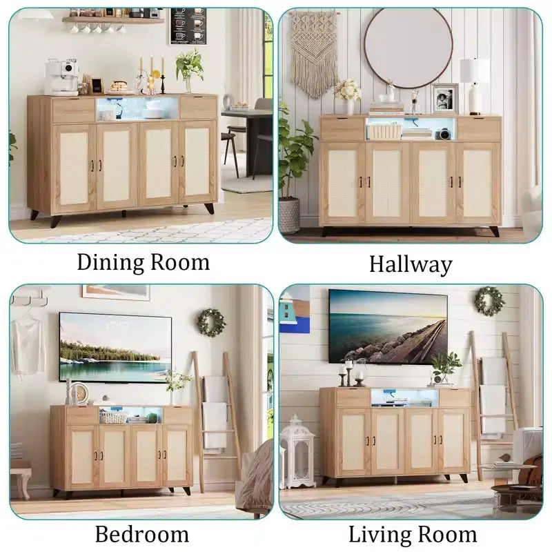 COZONY Buffet avec 2 tiroirs en rotin, Bahut de rangement de style bohème avec cadre en bois pour salon, salle à manger, couloir