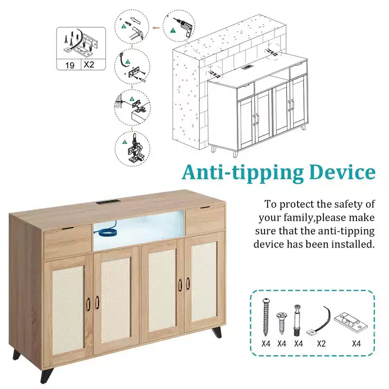 COZONY Buffet avec 2 tiroirs en rotin, Bahut de rangement de style bohème avec cadre en bois pour salon, salle à manger, couloir