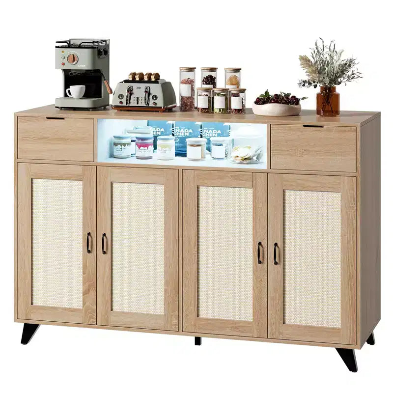 COZONY Buffet avec 2 tiroirs en rotin, Bahut de rangement de style bohème avec cadre en bois pour salon, salle à manger, couloir