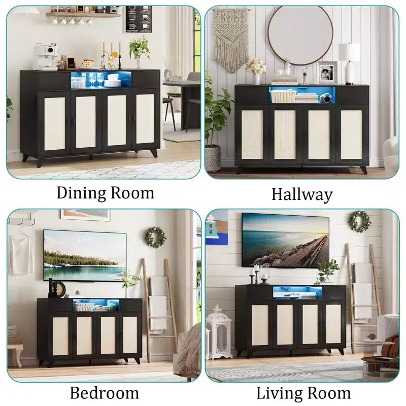 COZONY Buffet avec 2 tiroirs en rotin, Bahut de rangement de style bohème avec cadre en bois pour salon, salle à manger, couloir