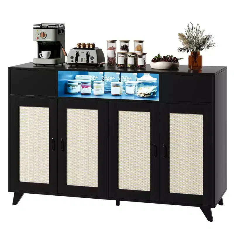 COZONY Buffet avec 2 tiroirs en rotin, Bahut de rangement de style bohème avec cadre en bois pour salon, salle à manger, couloir