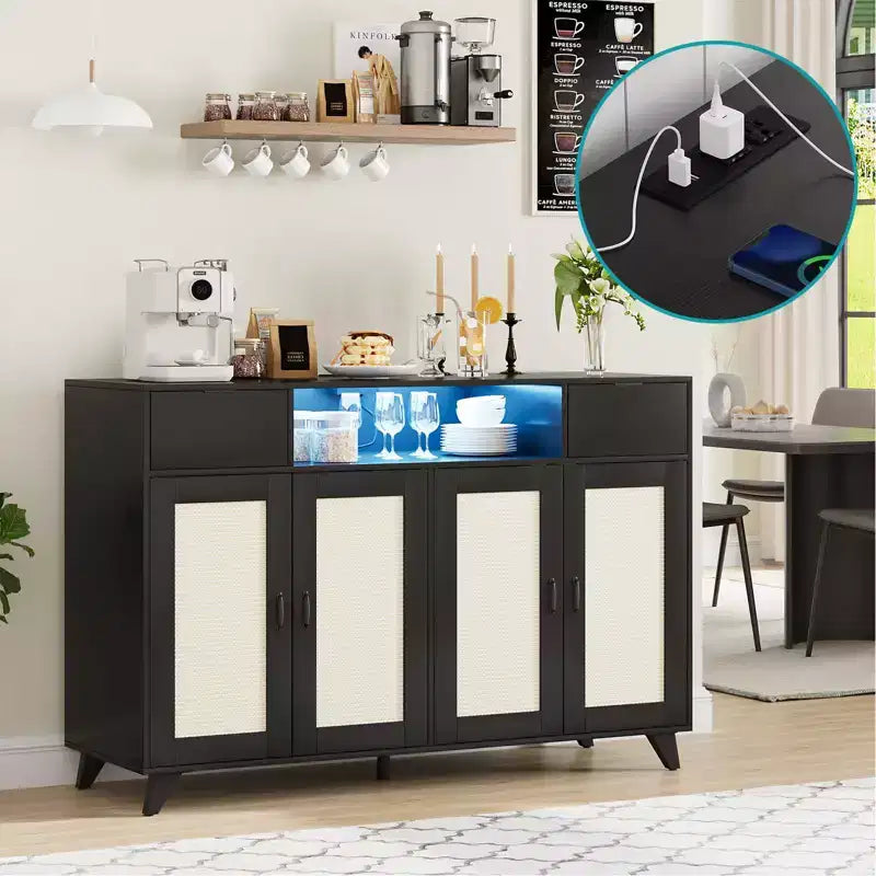 COZONY 2-Drawer Rattan Cabinet with Storage, Boho Sideboard Buffet with Wood Frame for Living Room Dining Room Hallway