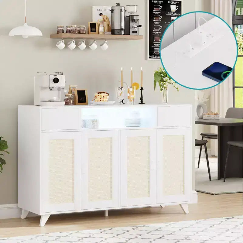 COZONY Buffet avec 2 tiroirs en rotin, Bahut de rangement de style bohème avec cadre en bois pour salon, salle à manger, couloir