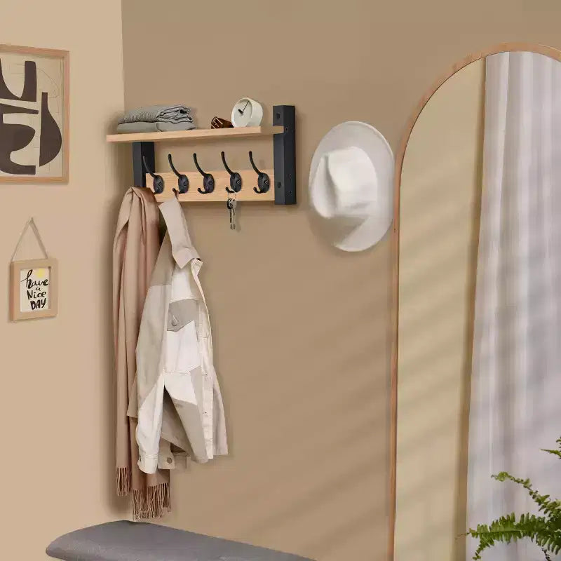 Étagère murale flottante Sorbus 40,6 cm avec 5 crochets robustes pour entrée, salle de bain, chambre, cuisine ou buanderie
