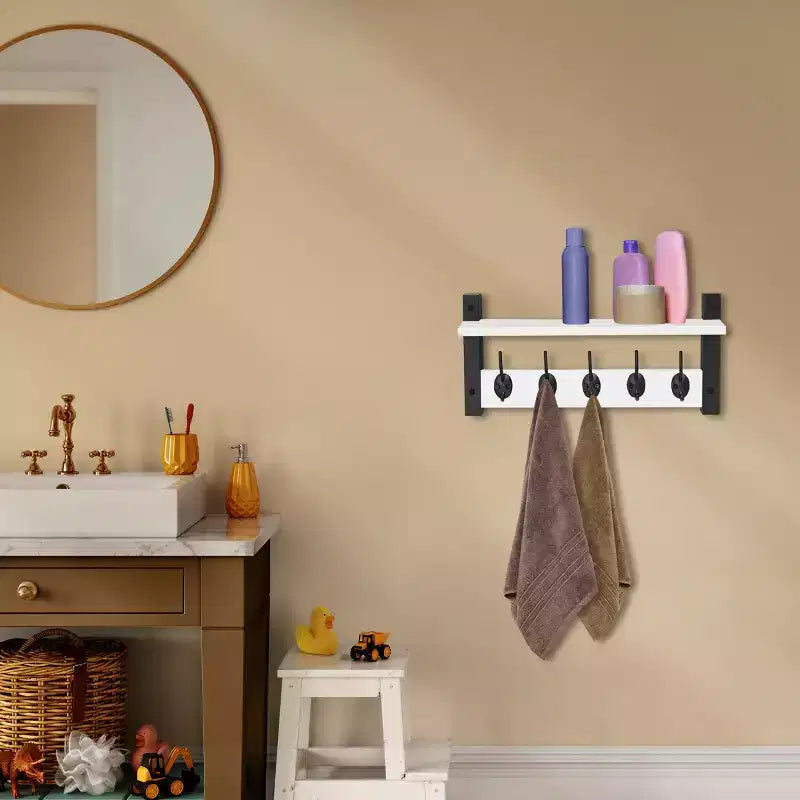Étagère murale flottante Sorbus 40,6 cm avec 5 crochets robustes pour entrée, salle de bain, chambre, cuisine ou buanderie