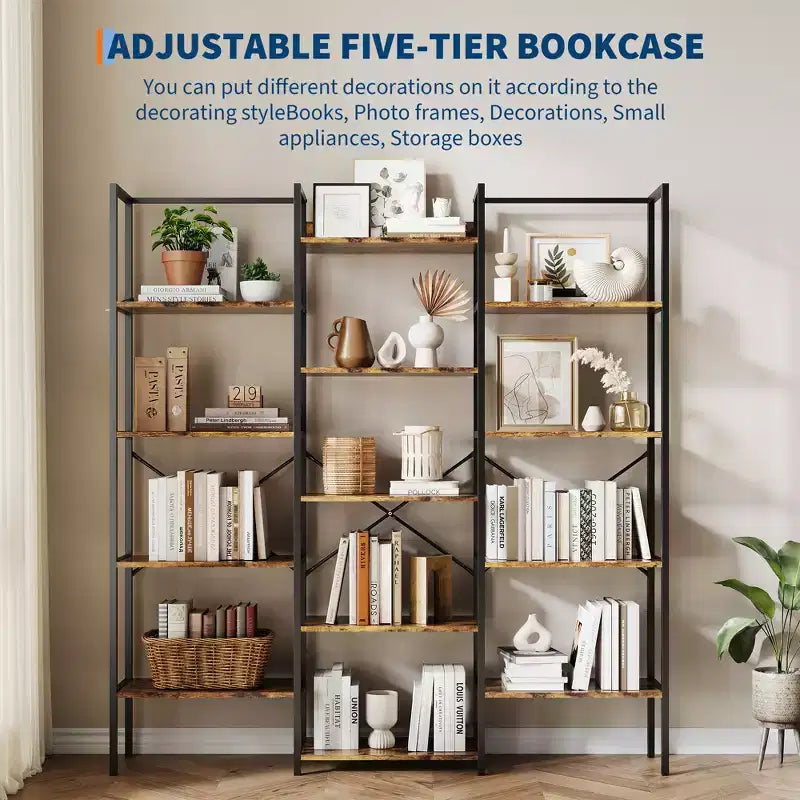 Grande bibliothèque à 5 niveaux sur pied de style industriel avec 14 étagères ouvertes, idéale pour la maison et le bureau