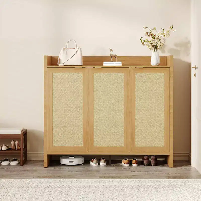 Meuble à chaussures, Meuble à chaussures en rotin pour entrée, Grand meuble à chaussures de 104 cm de haut, Meuble bohème avec portes pour salon et couloir