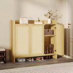Meuble à chaussures, Meuble à chaussures en rotin pour entrée, Grand meuble à chaussures de 104 cm de haut, Meuble bohème avec portes pour salon et couloir