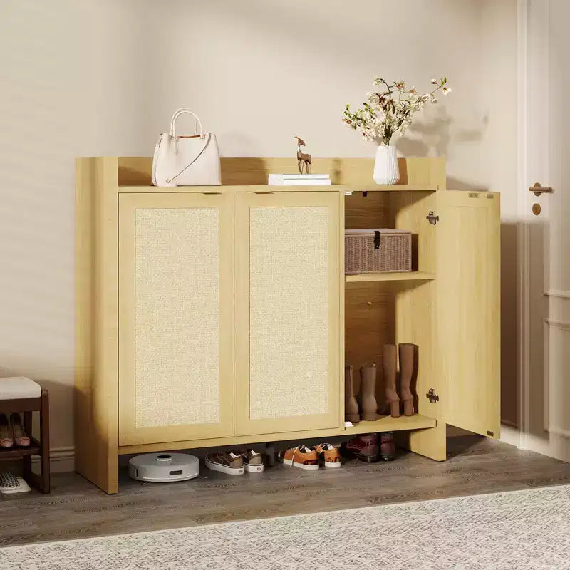 Meuble à chaussures, Meuble à chaussures en rotin pour entrée, Grand meuble à chaussures de 104 cm de haut, Meuble bohème avec portes pour salon et couloir