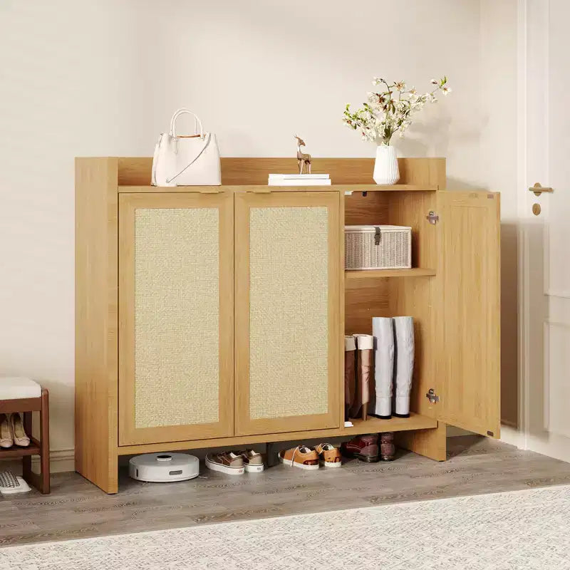 Meuble à chaussures, Meuble à chaussures en rotin pour entrée, Grand meuble à chaussures de 104 cm de haut, Meuble bohème avec portes pour salon et couloir