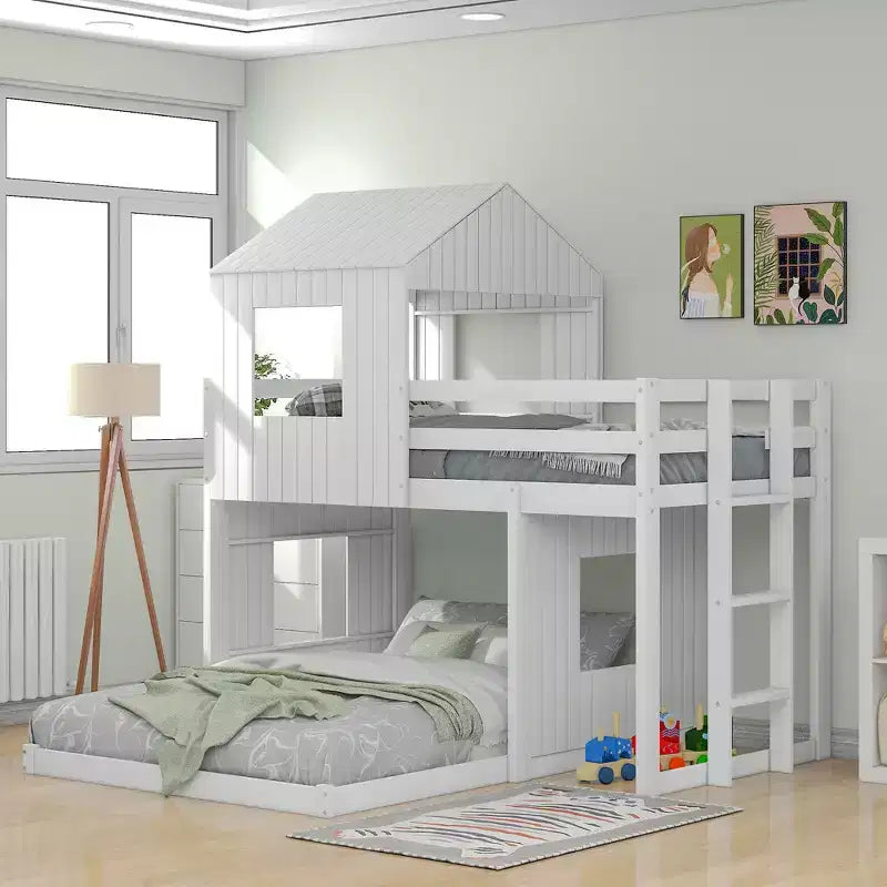 Bellemave Wooden Twin Over Full Bunk Bed, Loft Bed with Playhouse, Farmhouse, Ladder and Guardrails, White