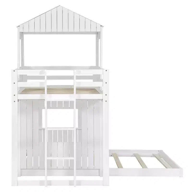 Bellemave Lit Superposé en Bois Twin-Full, Lit Mezzanine avec Aire de Jeu, Style Ferme, Échelle et Garde-corps, Blanc