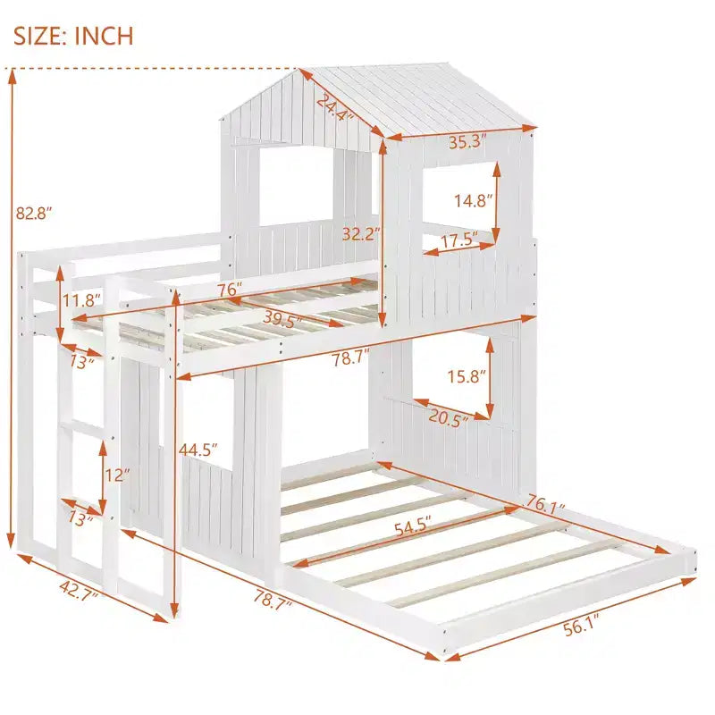 Bellemave Lit Superposé en Bois Twin-Full, Lit Mezzanine avec Aire de Jeu, Style Ferme, Échelle et Garde-corps, Blanc