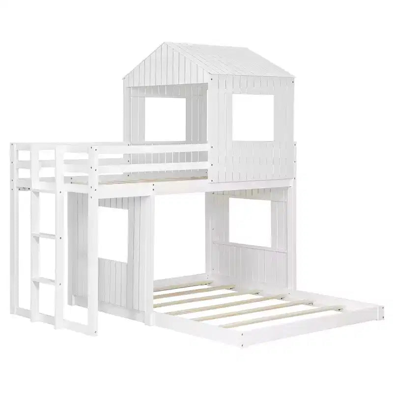 Bellemave Lit Superposé en Bois Twin-Full, Lit Mezzanine avec Aire de Jeu, Style Ferme, Échelle et Garde-corps, Blanc