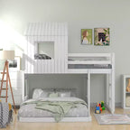 Bellemave Lit Superposé en Bois Twin-Full, Lit Mezzanine avec Aire de Jeu, Style Ferme, Échelle et Garde-corps, Blanc