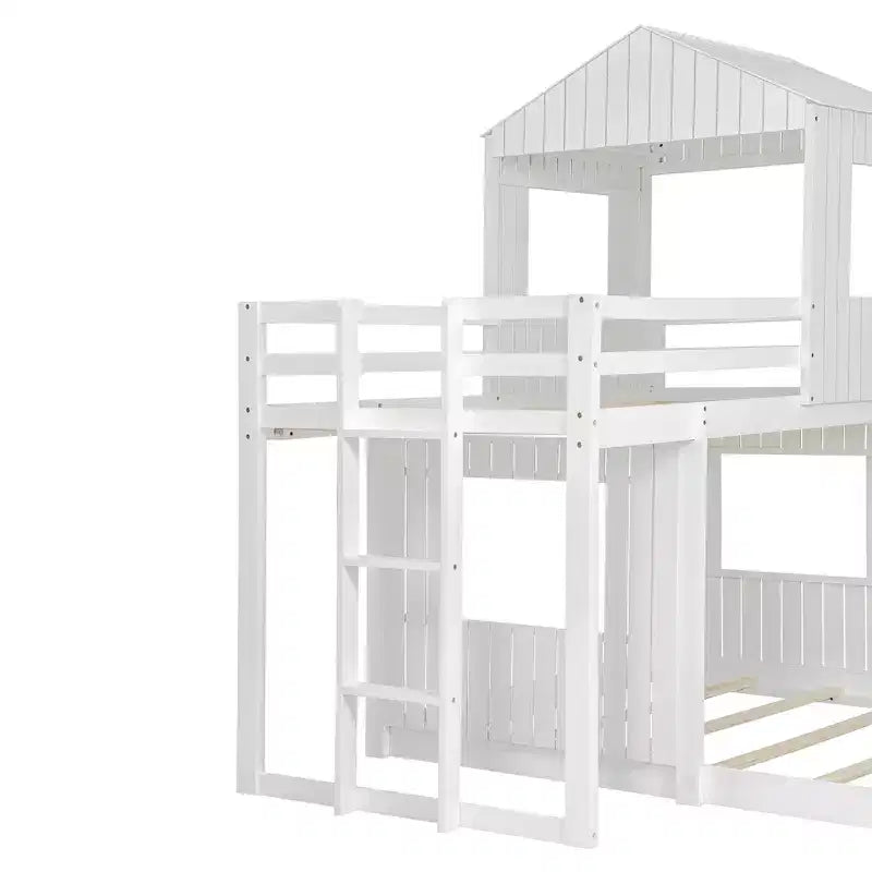 Bellemave Lit Superposé en Bois Twin-Full, Lit Mezzanine avec Aire de Jeu, Style Ferme, Échelle et Garde-corps, Blanc