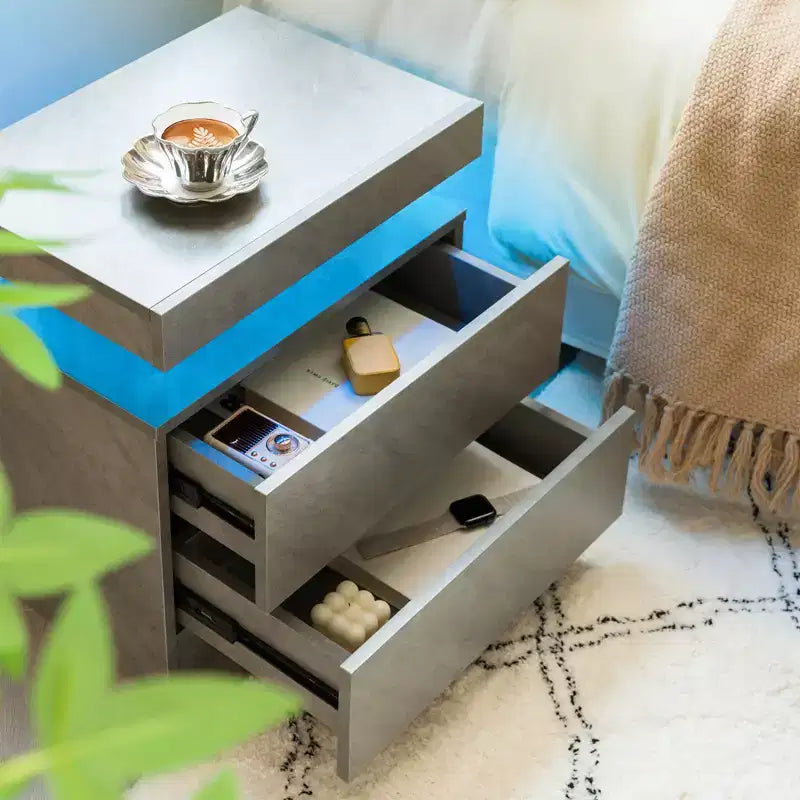 Table de chevet avec lumières LED, table de chevet moderne avec 2 tiroirs pour chambre (Gris foncé)
