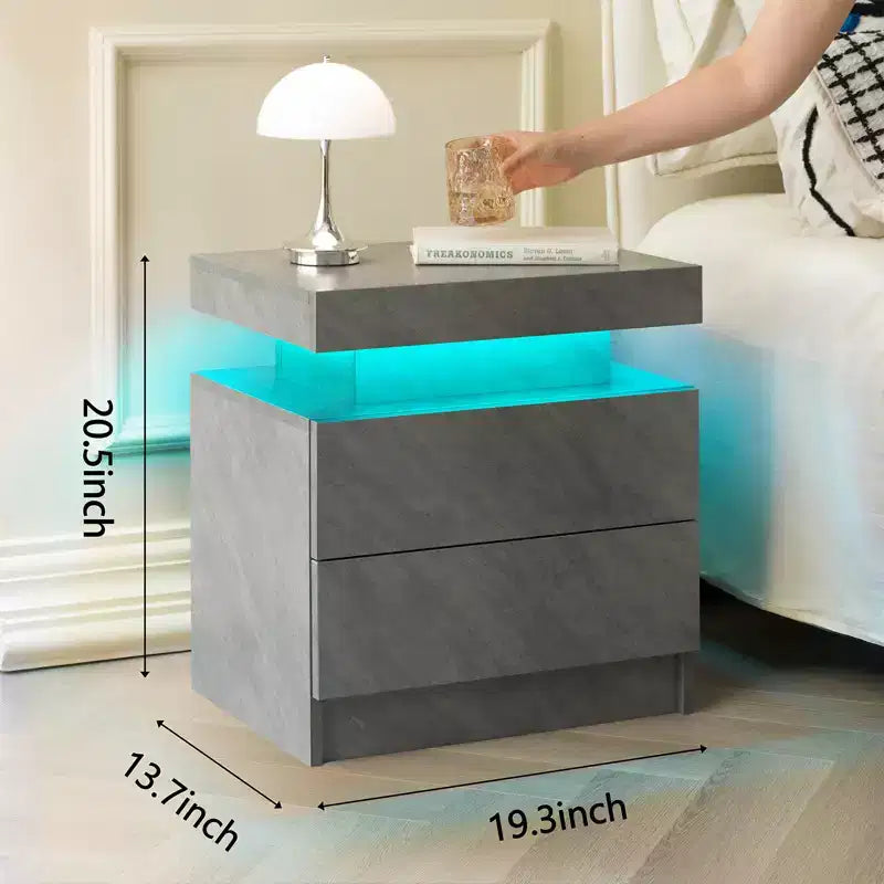 Table de chevet avec lumières LED, table de chevet moderne avec 2 tiroirs pour chambre (Gris foncé)