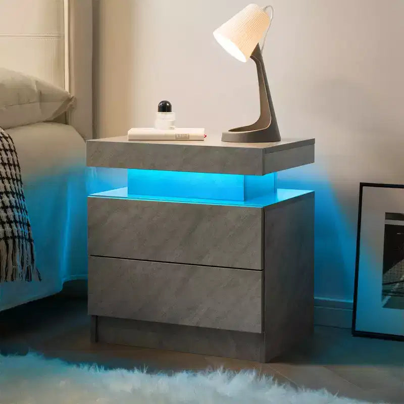 Table de chevet avec lumières LED, table de chevet moderne avec 2 tiroirs pour chambre (Gris foncé)