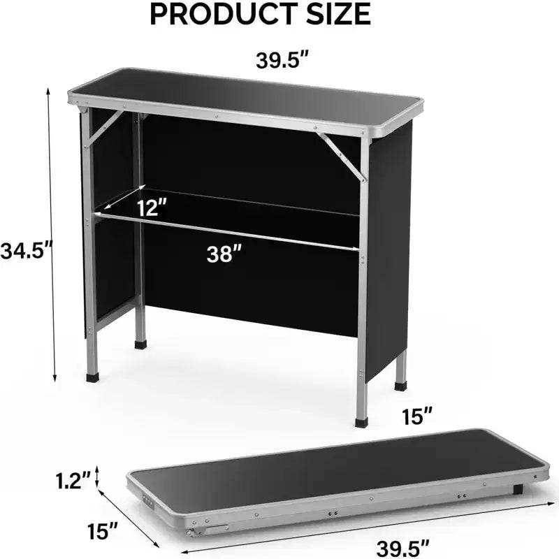 VINGLI Table de bar portable, 2 étagères, table de bar mobile pour événements, fêtes, camping, pique-niques, salons professionnels, intérieur avec jupe noire, 39 L x 34 H