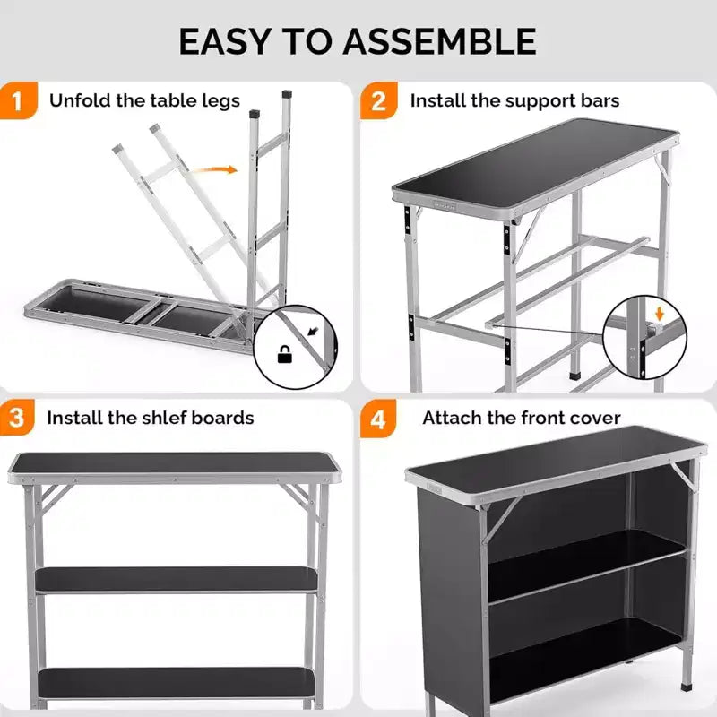VINGLI Table de bar portable, 2 étagères, table de bar mobile pour événements, fêtes, camping, pique-niques, salons professionnels, intérieur avec jupe noire, 39 L x 34 H
