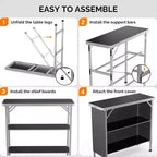 VINGLI Table de bar portable, 2 étagères, table de bar mobile pour événements, fêtes, camping, pique-niques, salons professionnels, intérieur avec jupe noire, 39 L x 34 H