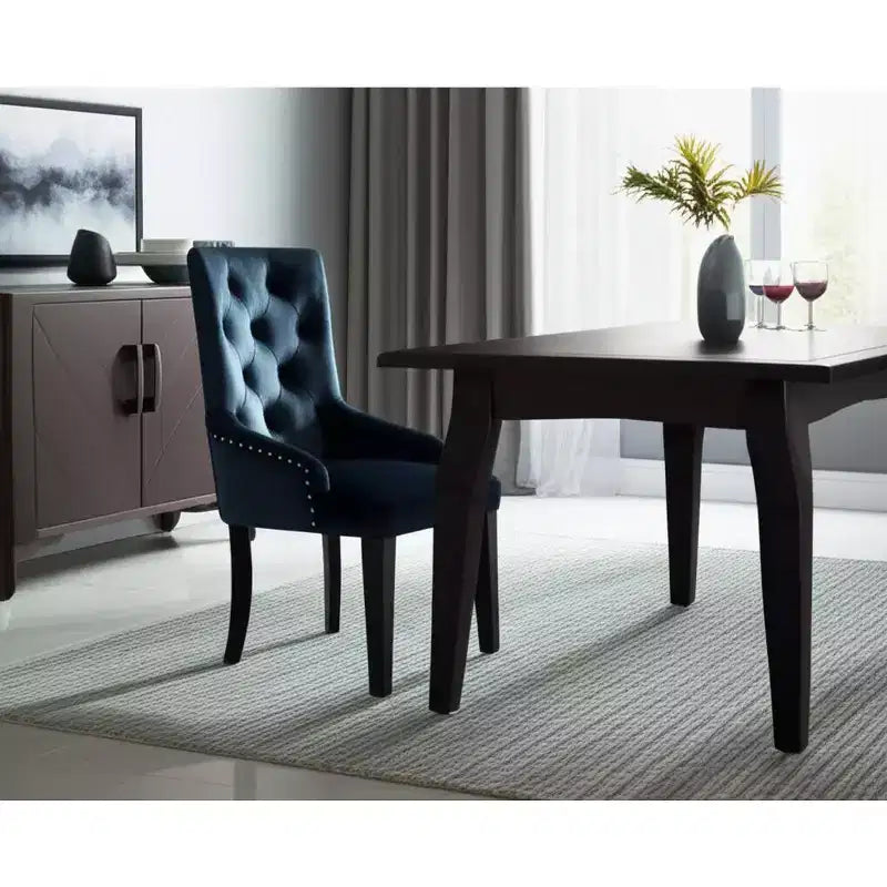 Chaise de salle à manger Parsons en velours touffeté HomeRoots, bleu foncé et noir